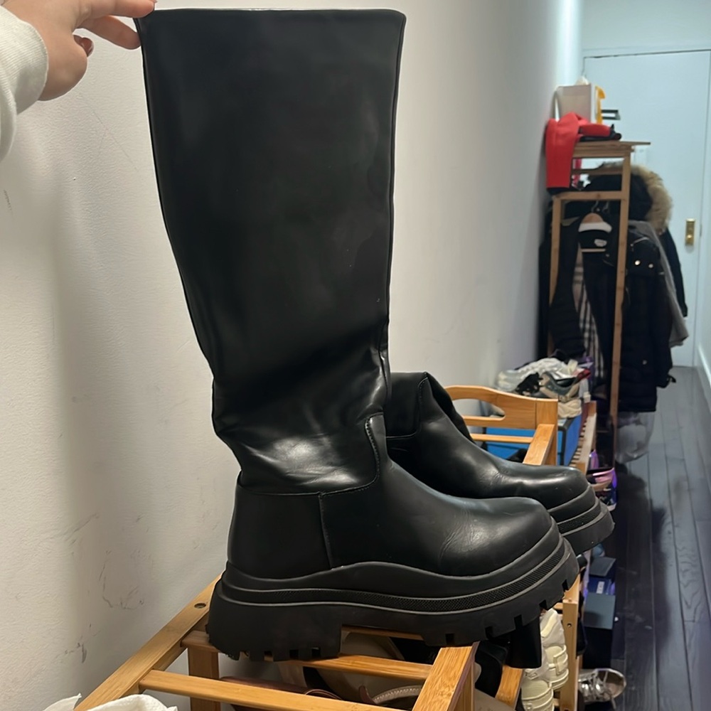 Black chunky knee boots, size 9